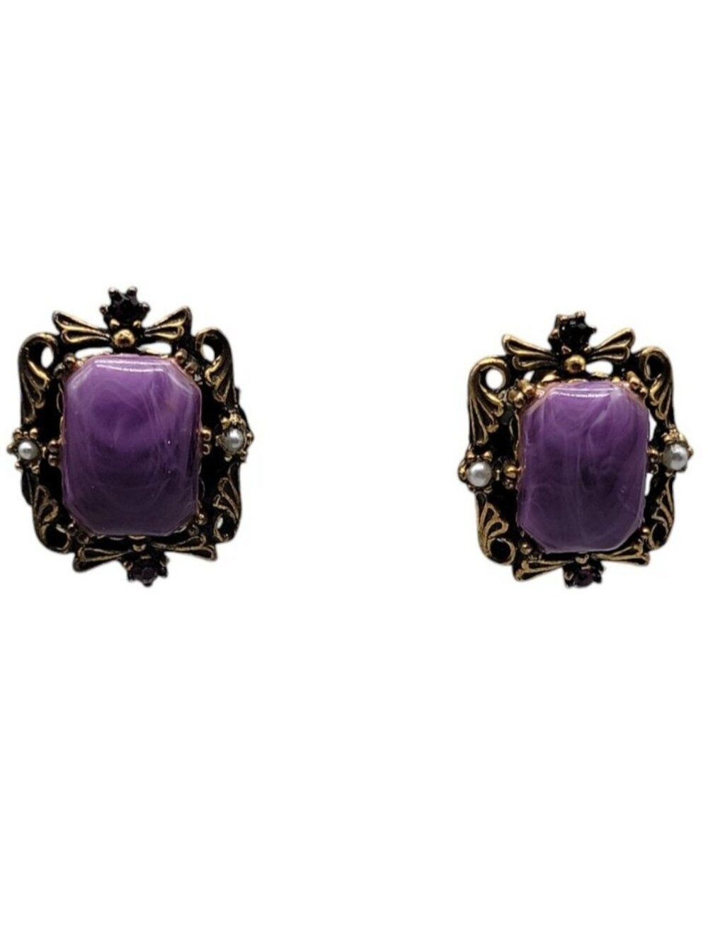 VTG Selro Renaissance Revival Style Clip On Earrings Purple Thermoset